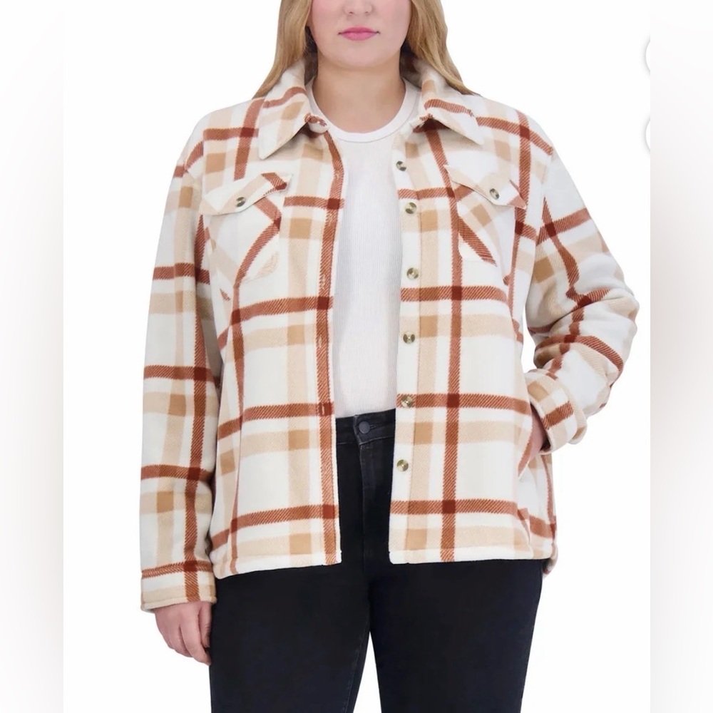 Sage Collective Cream and Orange Plush Plaid Shacket NWOT